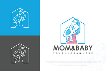 Baby and mom home logo design. baby massage spa treatment. vector illustration