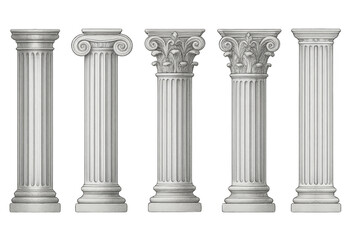 Set of Classical Architectural Columns in Marble – Doric, Ionic, Corinthian Styles Isolated on Transparent Background