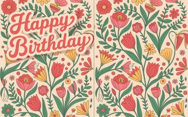 Hungarian Kalocsa Embroidery, Happy Birthday Floral Design with Retro Style and Decorative Flowers