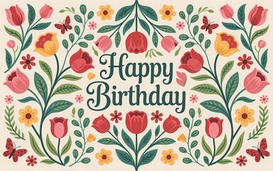 Hungarian Kalocsa Embroidery, Floral Happy Birthday Card with Tulips, Butterflies, and Decorative Leaves