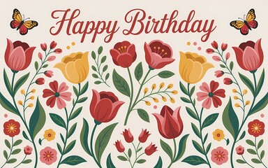 Hungarian Kalocsa Embroidery, Happy Birthday Floral Design with Tulips and Butterflies