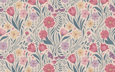 Hungarian Kalocsa Embroidery, Delicate Floral Pattern with Pastel Flowers and Leaves