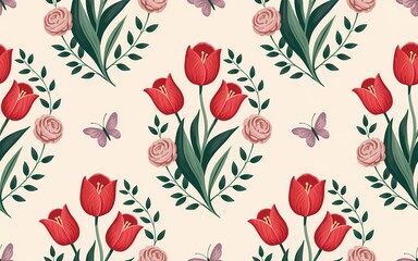 Hungarian Kalocsa Embroidery, Elegant Seamless Pattern Red Tulips Pink Roses Butterflies