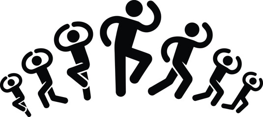 A collection of sharp, smooth vector icons showing stick figures engaged in diverse physical activities &ndash; stretching, cardio, and strength.