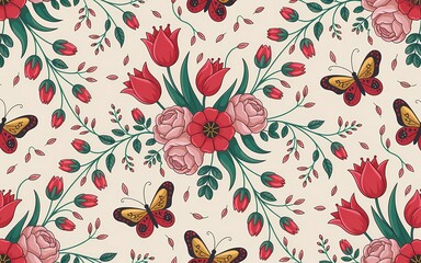 Hungarian Kalocsa Embroidery, Floral Pattern with Butterflies, Tulips, and Roses on Creamy Background