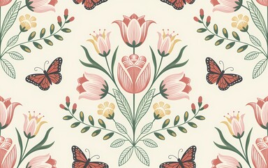 Hungarian Kalocsa Embroidery, Delicate Floral and Butterfly Pattern on Cream Background