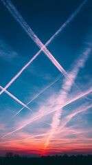 Intersecting Contrails Against a Sunset Sky