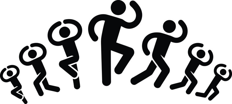 A collection of sharp, smooth vector icons showing stick figures engaged in diverse physical activities – stretching, cardio, and strength.