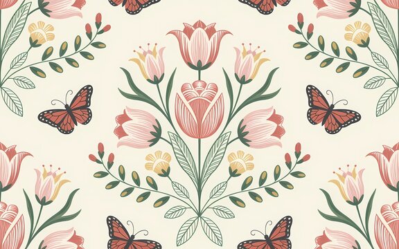 Hungarian Kalocsa Embroidery, Delicate Floral and Butterfly Pattern on Cream Background