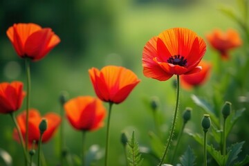 Fototapeta premium Crimson poppies blooming amidst lush green foliage, day, beauty, botanical