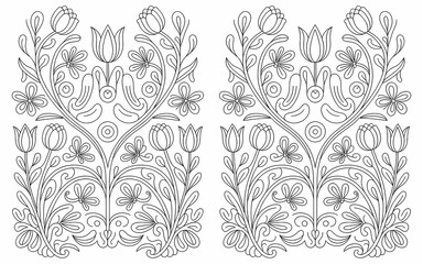 Hungarian Kalocsa Embroidery, Intricate Black and White Floral Design for Coloring Book
