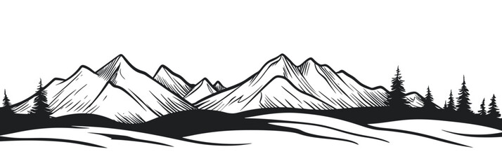 Hand-drawn black outline mountain range with forest silhouette and rolling hills minimalist vector landscape panoramic nature scenery ink sketch travel outdoors background