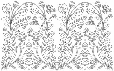 Hungarian Kalocsa Embroidery, Symmetrical Floral and Butterfly Line Art Design with Detailed Outlines