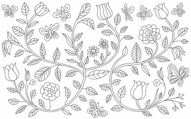 Hungarian Kalocsa Embroidery, Intricate floral and butterfly line art pattern for coloring book pages