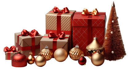 Red-gold Christmas gift boxes, festive winter holiday decor, luxury wrapped presents, New Year celebration, isolated on transparent background.