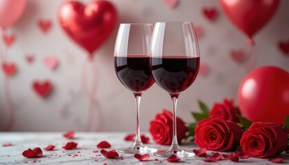 Romantic Setting with Red Wine Glasses and Red Roses for Special Occasion Celebrations and Love Events