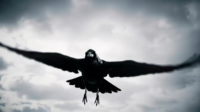 Majestic crow in flight against dramatic sky showcasing powerful wing span