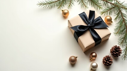 Minimalist holiday flat lay with wrapped gift, black ribbon, pinecones, ornaments, and fir branches on light background.