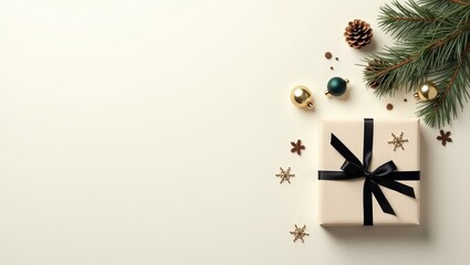 Minimalist holiday flat lay with wrapped gift, black ribbon, pinecones, ornaments, and fir branches on light background.