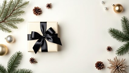 Minimalist holiday flat lay with wrapped gift, black ribbon, pinecones, ornaments, and fir branches on light background.