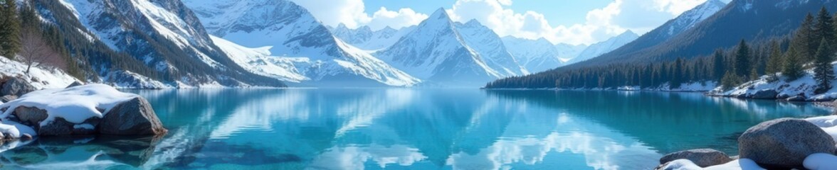 Fototapeta premium Crystal clear water perfectly reflecting snow-capped mountains , white, serene
