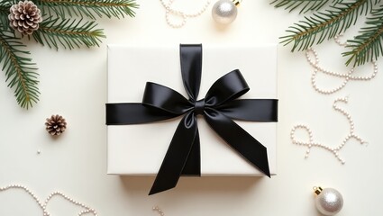 Minimalist holiday flat lay with wrapped gift, black ribbon, pinecones, ornaments, and fir branches on light background.