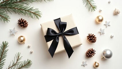 Minimalist holiday flat lay with wrapped gift, black ribbon, pinecones, ornaments, and fir branches on light background.
