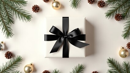 Minimalist holiday flat lay with wrapped gift, black ribbon, pinecones, ornaments, and fir branches on light background.
