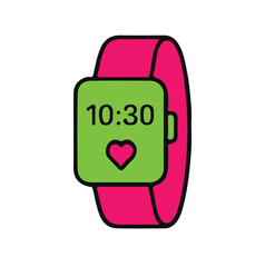 Illustration icon of a smartwatch with time and heart symbol, representing wearable technology, fitness tracking, health monitoring, and smart devices.