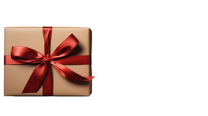 Brown paper gift box with red ribbon, Christmas holiday decor, golden New Year celebration, festive present, isolated on transparent background.