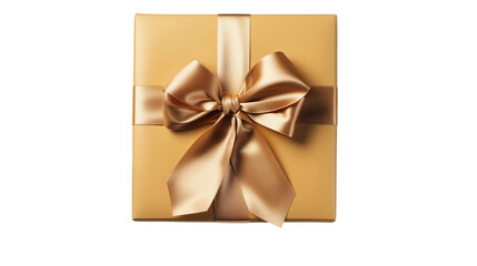 Gold gift box with satin bow, luxury holiday present, birthday celebration, special occasion surprise, isolated on transparent background.