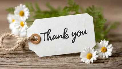 Thoughtful thank you note on a wooden table surrounded by daisies and greenery