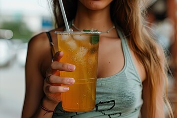 premium quality picture of Close up of woman holding fresh ice tea drink