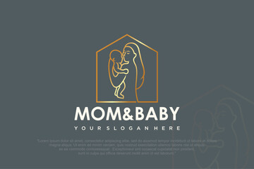 Baby and mom home logo design. baby massage spa treatment. vector illustration