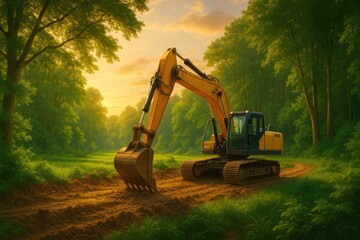 Excavator Working in Lush Green Forest Clearing on a Sunny Day. Sunset Lighting