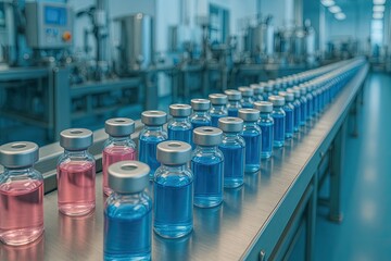 Vials of pink and blue liquid line a conveyor belt in a pharmaceutical manufacturing facility during the day. Daylight