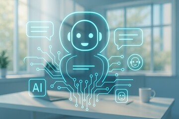 AI machine learning chatbot technology assisting users with automated virtual communication. Futuristic interface artificial intelligence enabling smart conversation and solutions customer support.