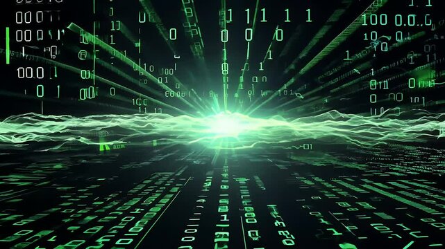 Streams glowing binary digits cascade bright green over black evoking hacker culture cybernetics clean K excellent coding tutorials cybersecurity intros data driven motion graphics