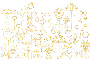 Golden vector flowers silhouettes background. Simple gold symmetrical flowers isolated on white background. Outline graphic floral elements. Border, wallpaper, poster template design.	