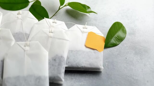 Close-up of multiple herbal teabags with fresh green leaves on a textured surface, providing a healthy beverage selection.
