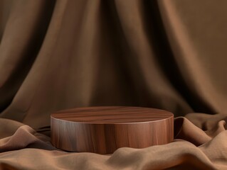 high detail visual of Brown cylindric wooden podium for product presentation brown cloth on background high detail 8k