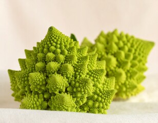 Two Romanesco Broccoli Florets with Leaves