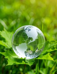 Glass globe resting on green leaf