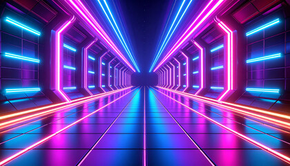 Glowing digital tunnel with pink and cyan neon lights, a stylized sci-fi corridor with endless perspective and reflective surfaces-generative AI