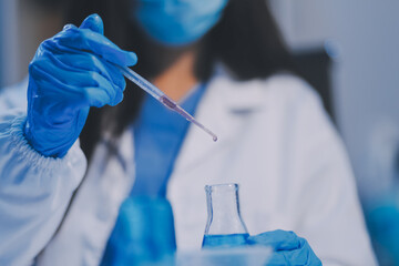 Research, experiment and medical trial being done by a scientist in a lab, science facility or...