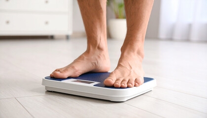 Feet Standing on Electronic Scales for Body Weight Control on White Isolated Background