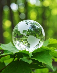 Glass globe resting on green leaf