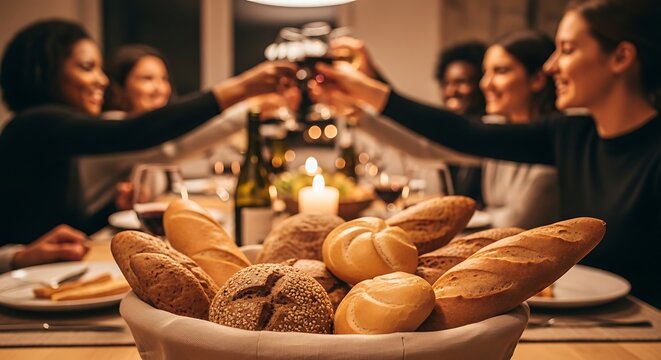 Festive Dinner Toast: Friends Gathered Around Bread Basket - Powered by Adobe