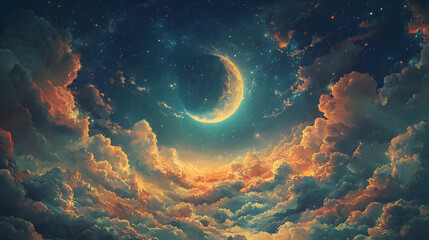 Crescent Moon Amidst Fiery Clouds in a Starry Night Sky
