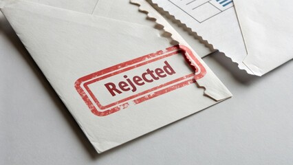 Health system issues concept. Rejected envelope with a red stamp on textured background.